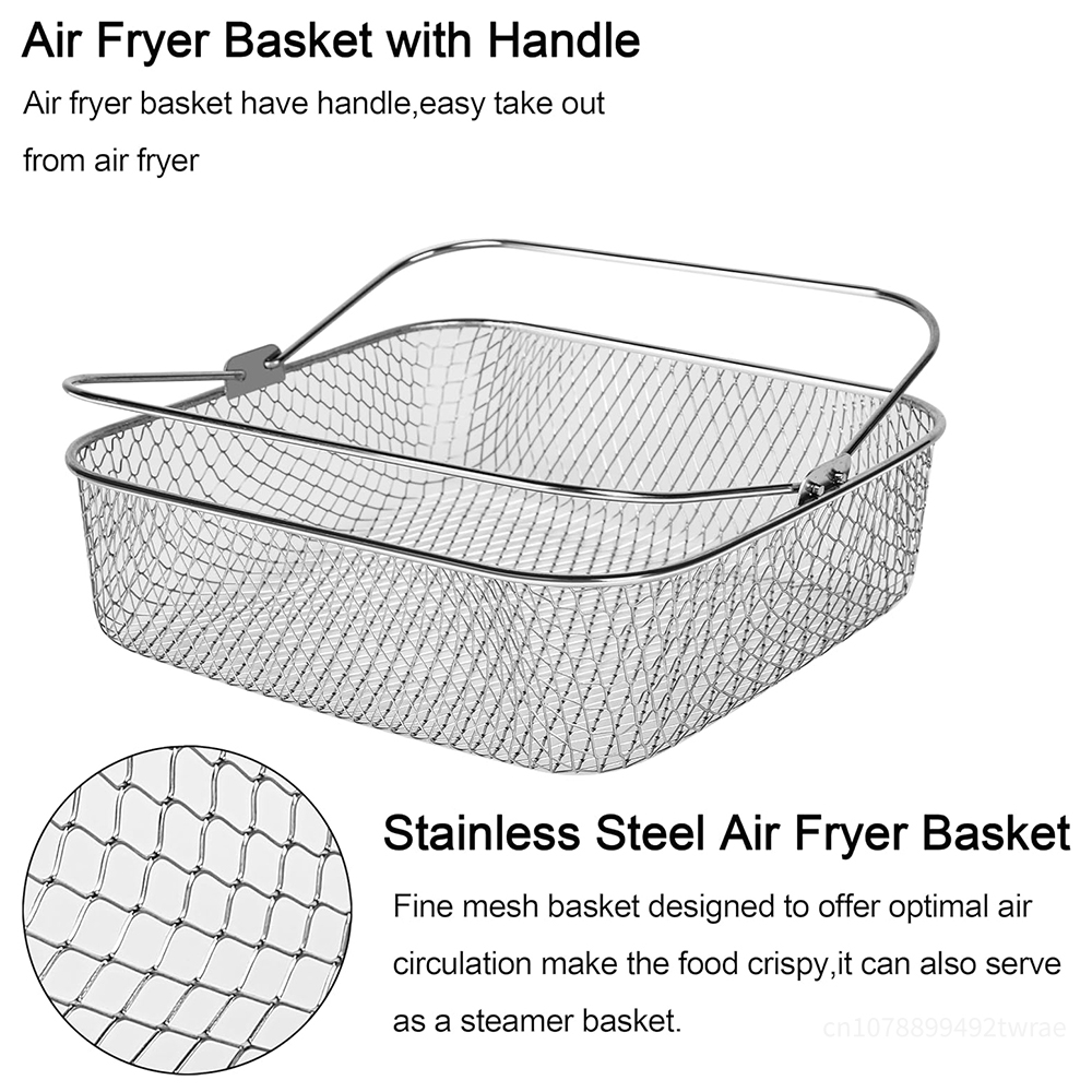 Freidora de aire de 20cm, cesta de malla redonda cuadrada de acero inoxidable, cesta de vapor para freidora de aire con mango, cesta para freidora de aire de Metal