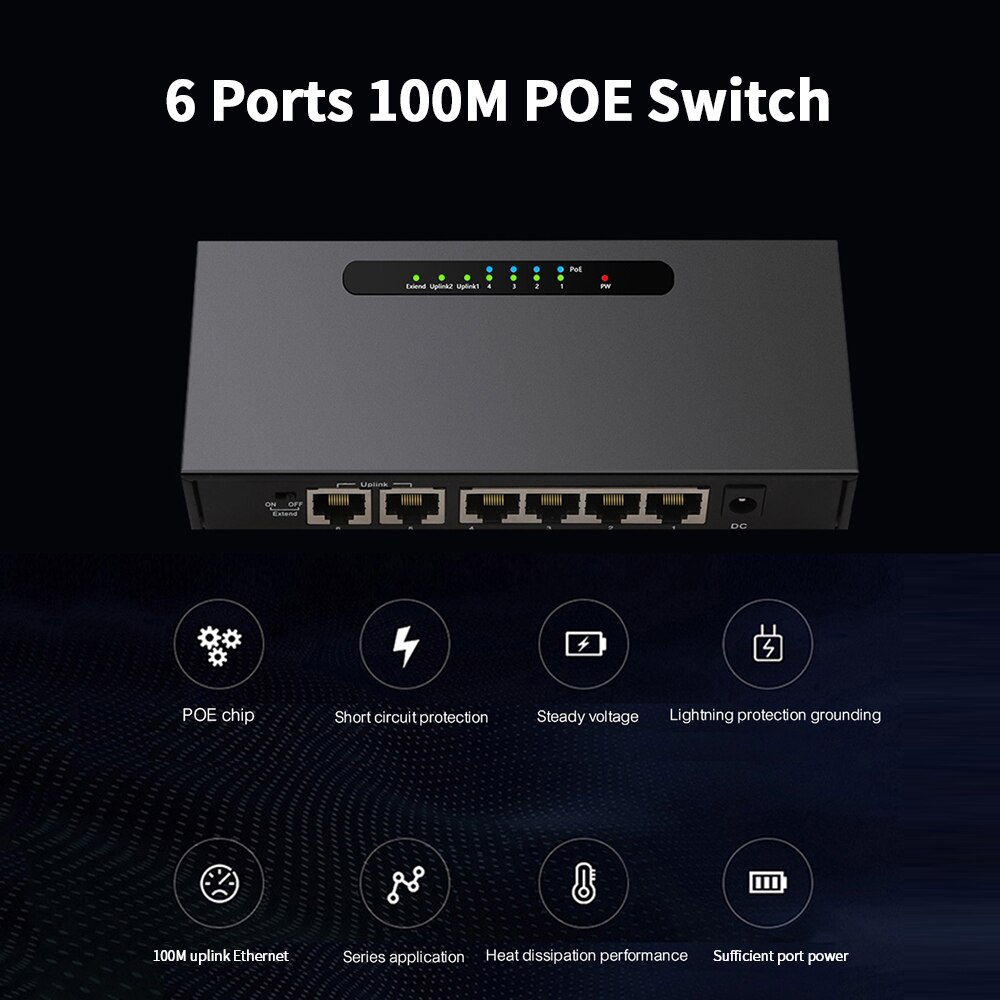 6-Port Poe Switch 4 + 2 100M Enthernet Schakelaar Met 4 Ethernet Poorten 2 Uplink Ethernet Poorten voor Ip Camera Wireless Ap Poe Switch