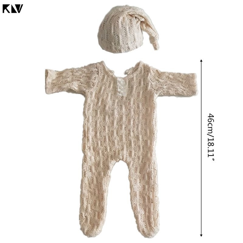 2 Stuks Pasgeboren Fotografie Props Pak Romper + Hoed Set Lange Mouw Jumpsuits Bodysuit Handgemaakte Knit Outfit Kleding Zuigelingen Douche