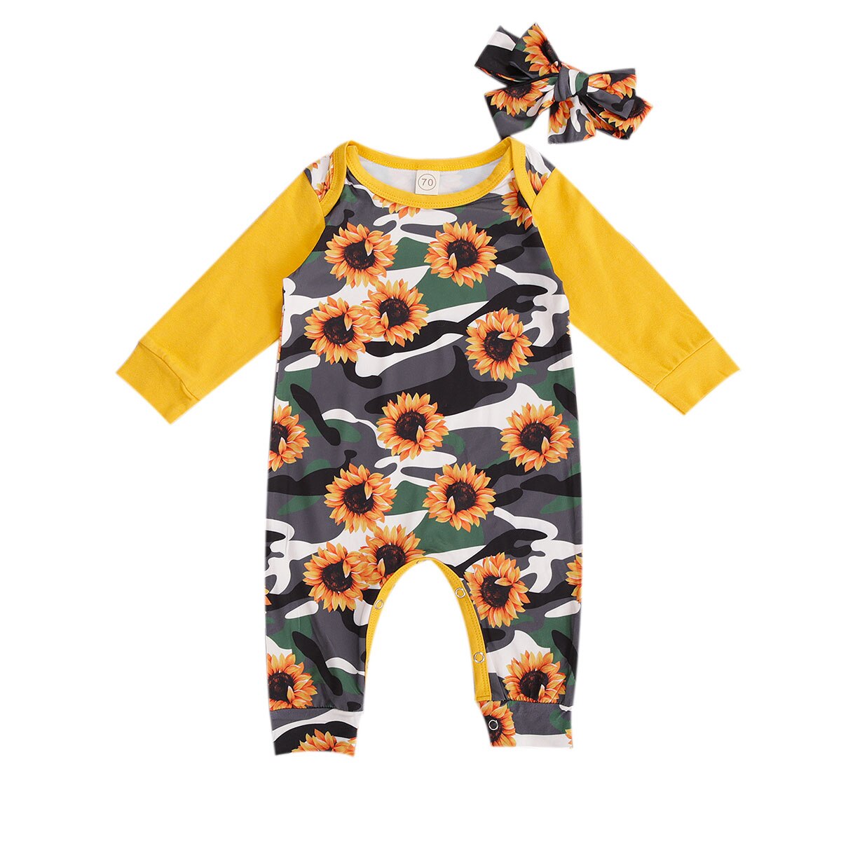 Infantil respirável manga longa macacão verão outono bebê meninos meninas girassol camuflagem impressão macacão + arco headwear conjunto