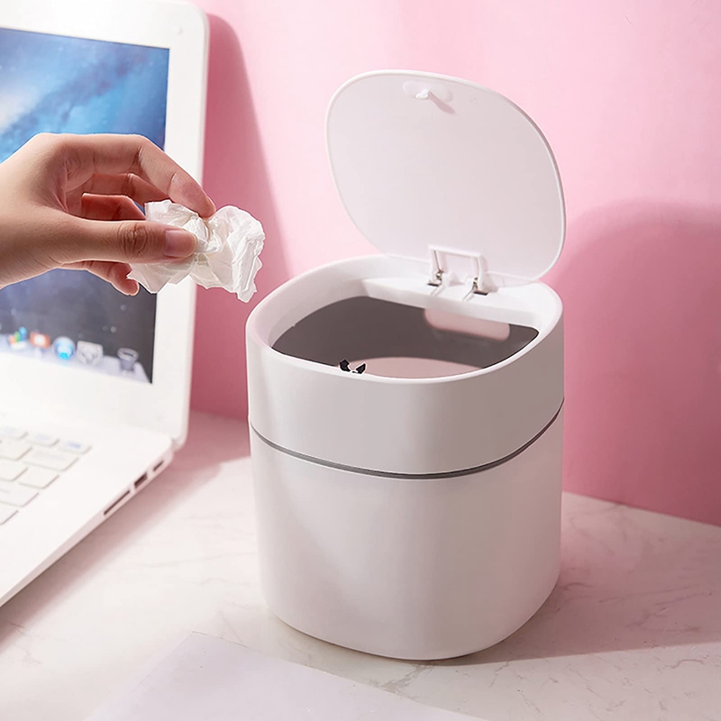 Mini Trash Can Desktop Waste Bin with Press-Open Lid Small Table Top Bin Graceful Round Corner Paper Bin for Home: White