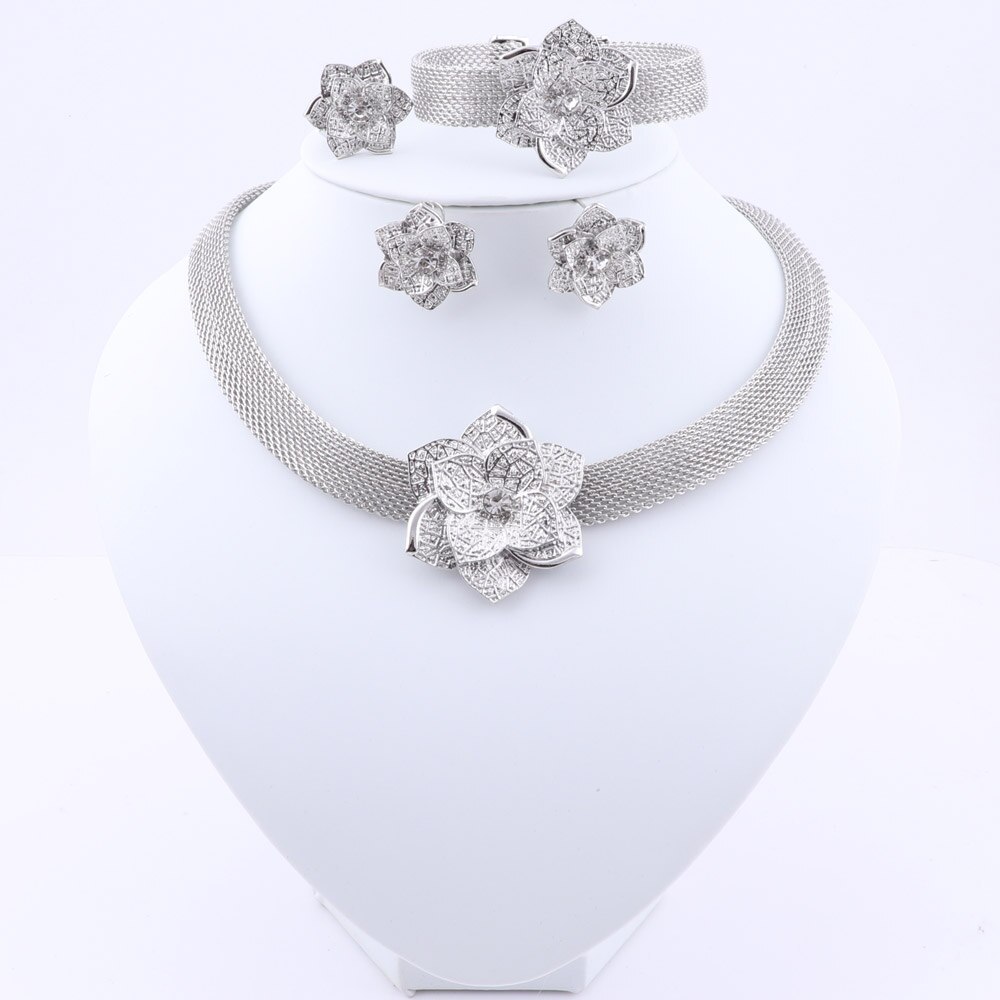 Dubai Gold Color Wedding for Women Flower Shape Necklace Earrings Bracelet Ring African Bridal Collares Jewellery set: silver