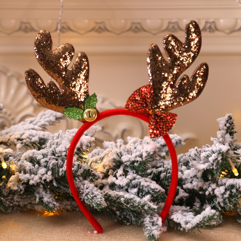 Jul pandebånd gevir xmas børn fancy kjole hovedbeklædning paillet bowknot fest dekoration rød guld: Kaffe