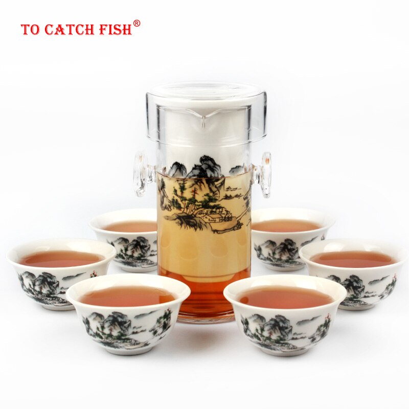 Kinesisk kung fu-tesæt, tekande af glas med filter og porcelæn-tekopper, varmebestandighed: 03