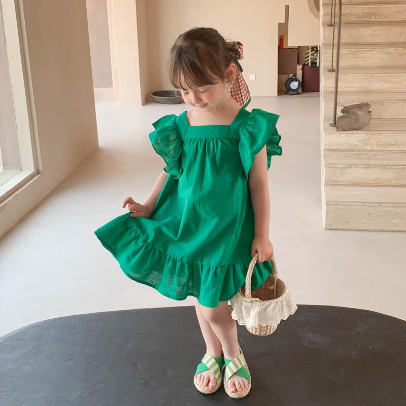 Summer Girls Dress Baby Kids Clothes Sweet Princess Dress Small Fresh Petal Sleeve Bow Vestidos 3-7Years Children&#39;S Clothing