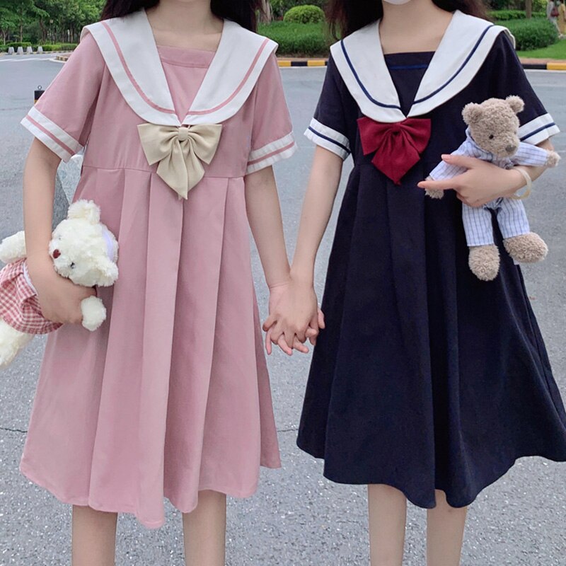 Lolita klänning college stil hög midja marin krage cospaly dam kawaii mellanlång kortärmad klänning