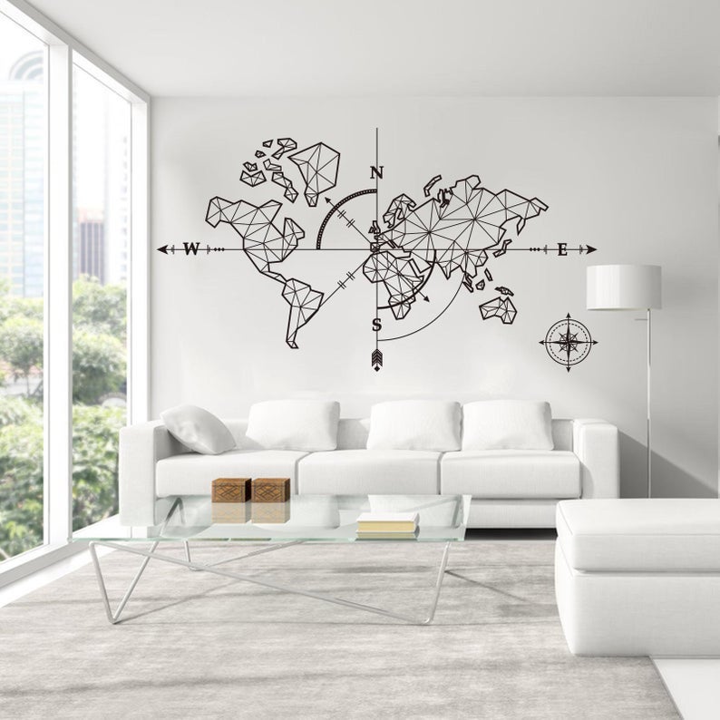 Large World Mape Compass Wall Decal Travel Adventure Exploration Global Earth Vinyl Wall Sticker Office Classroom Kids Room