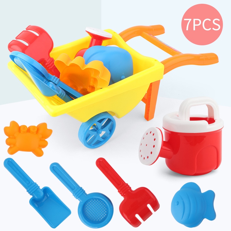 7Pcs/Set Kids Beach Toy Trolley Summer Beach Play Sand Kits Kettle Shovel Rake Mold Children Outdoor Water Fun Toys Random Color