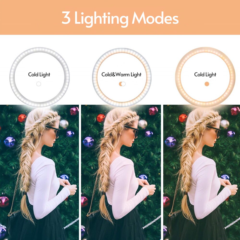 6inch LED Video Ring Light Lamp Dimmable 3 Lighting Modes USB Powered with Ballhead Adapter Phone Holder Tripod Stand