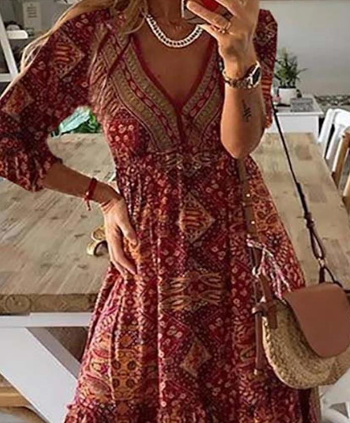 Robe longue à manches 3/4 pour femme, style bohème européen et américain, taille haute, col en V, imprimé fleuri fragmenté,: XL / Rouge