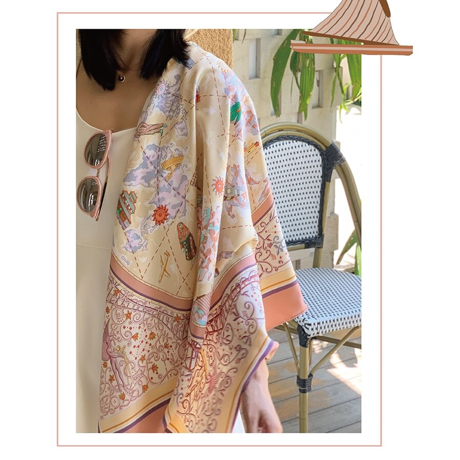 18mm 100%  silketørklæde sjal print luksus tørklæder indpakning til kvinder foulard "rejse verden": Lyserød