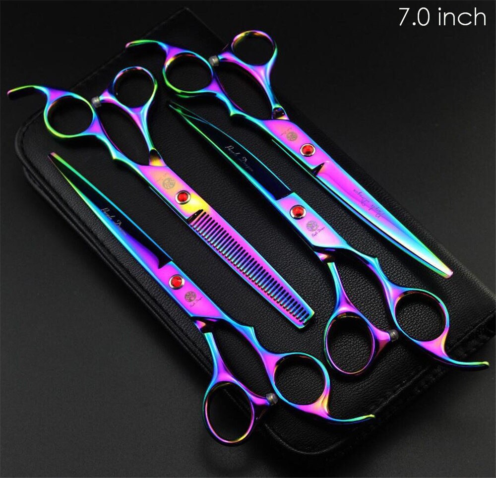 4pcs/set Pet Grooming Scissors Set 7 inch 8 inch Straight+ Curved +Thinning Shears Sharp Edge Hair Cutting Scissors: 7 inch Rainbow
