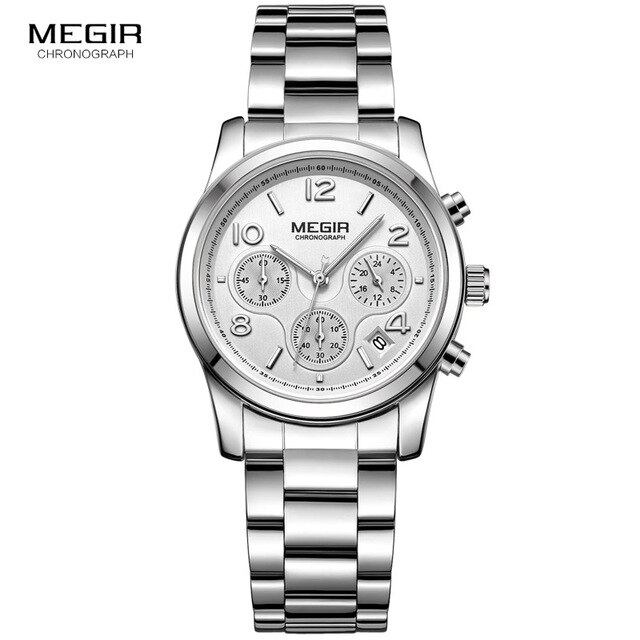 Reloj Megir mujer cronógrafo reloj de cuarzo con oro de acero inoxidable brazalete de acero 24 horas calendario pantalla reloj de pulsera para mujer 2057: MS2057 White