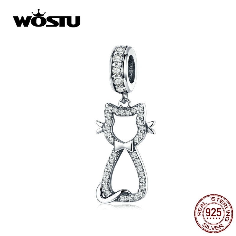 WOSTU Süße Katze Ebene Baumeln Charme 925 Sterling Silber Zirkon Perlen passen Original DIY Armbinde Silber 925 Schmuck, Der CQC1162