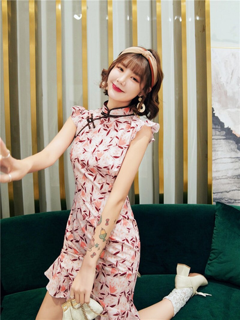Linda chica cheongsam de gasa corto de cola de pescado de cheongsam falda chica joven slim estilo chino de diario boda Qipao