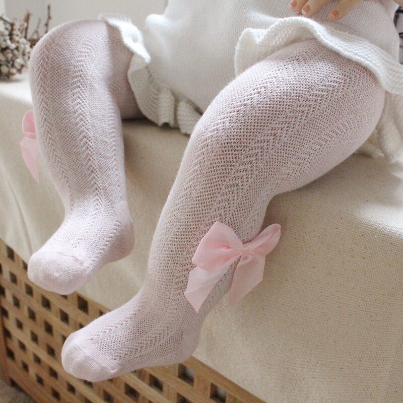 Verão malha bebê collants algodão macio respirável bowknot bebê menina collants cor sólida crianças meias collants: light pink