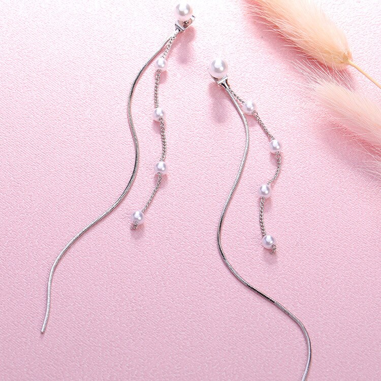 S925 Pin Stud Oorbellen Witte Parel Lange Fringe Oorbellen Modieuze Temperament Lange Oorbellen Voor Vrouwen Party