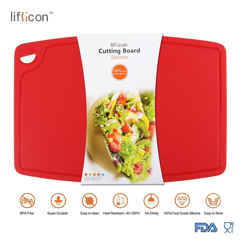 Liflicon Large Silicone Cutting Board Meat &amp; Veggie Cut Prep Nonslip Flexible Chopping Boards Antimicrobial Thick Cutting Boards: Red-L