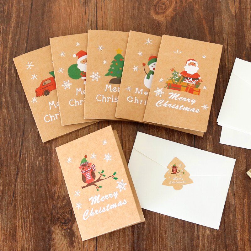 6Sets Kraft Kaarten Vrolijk Chritmas Wenskaarten Nieuwjaar Met Envelop En Xmas Tree Stickers Leuke Ontwerpen