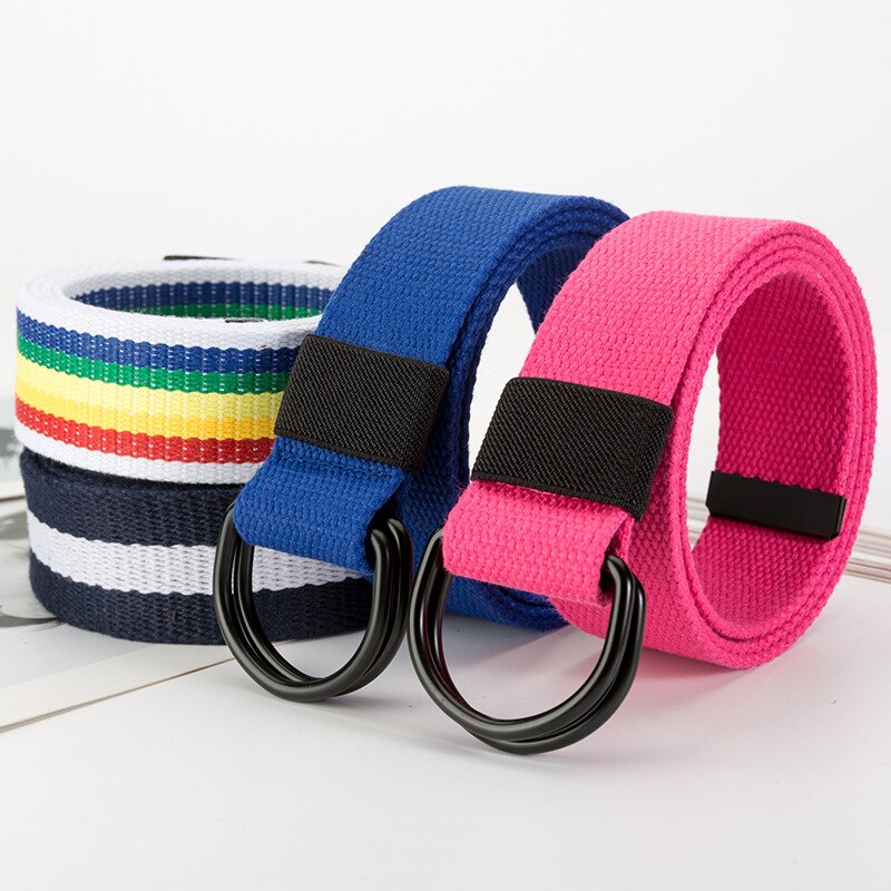 Kvinnor nylon canvas regnbåge långt bälte dubbel d metall svart spänne midjeband 16 stilar jeans vävd midjerem cinturon mujer