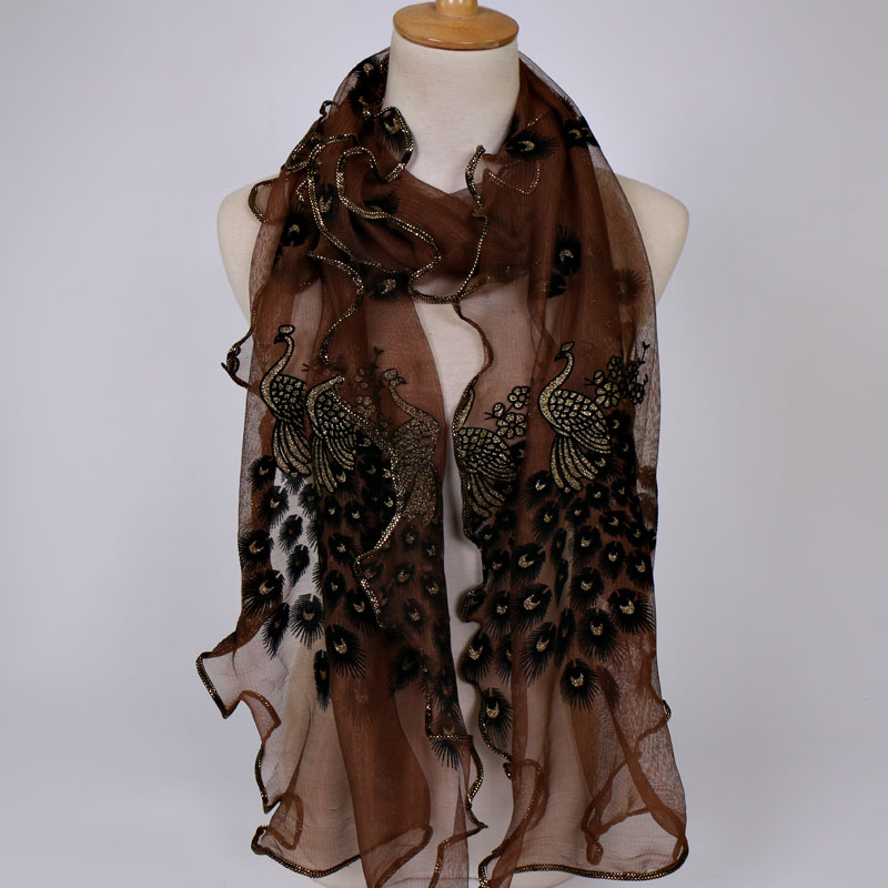 Peacock Flower Print Scarf Shawl Wrap Women Multi-Color Pashmina Scarf Soft Veil Stoles Scarves Popular Neckscarf Hijabs: khaki