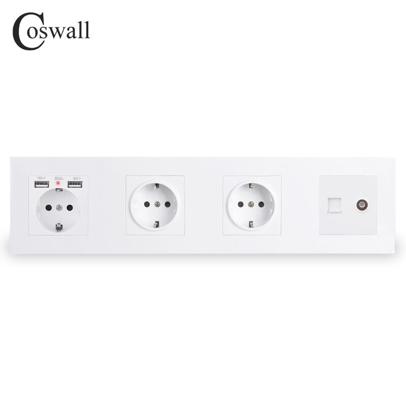 COSWALL Triple Wall EU Socket Grounded + Dual USB Charging Port With Soft Backlight + Female TV & RJ45 Internet Outlet PC Panel: White
