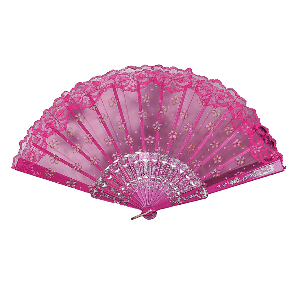 Flores de papel tipo ventilador, abanicos de seda de encaje plegables, estilo chino, para baile, boda, ,: Hot Pink