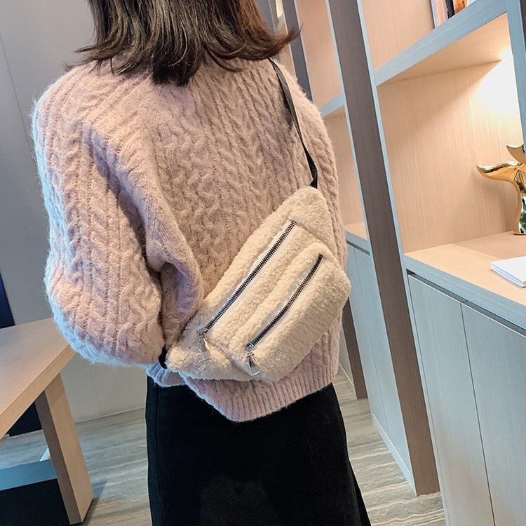 Women Cute Fanny Chest Pack Solid Color Casual Plush Crossbody Purse Soft Fleece Waist Belt Bag Pack