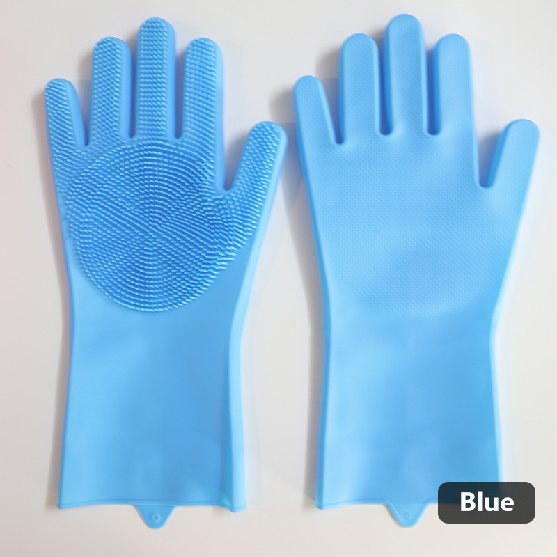 1Pair Dishwashing Cleaning Gloves Silicone Rubber Sponge Glove Household Scrubber Kitchen Clean Tools Kitchen: Blue