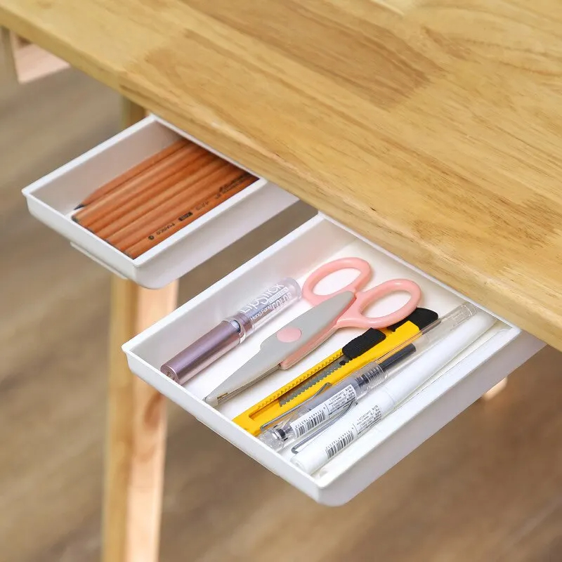 2pc Weiß Selbstklebende Lagerung Schublade Kasten machen-hoch Bleistift Tablett Schreibtisch Versteckte Unter Schreibtisch Stehen Selbst-klebe Unter-schublade Lagerung Kasten