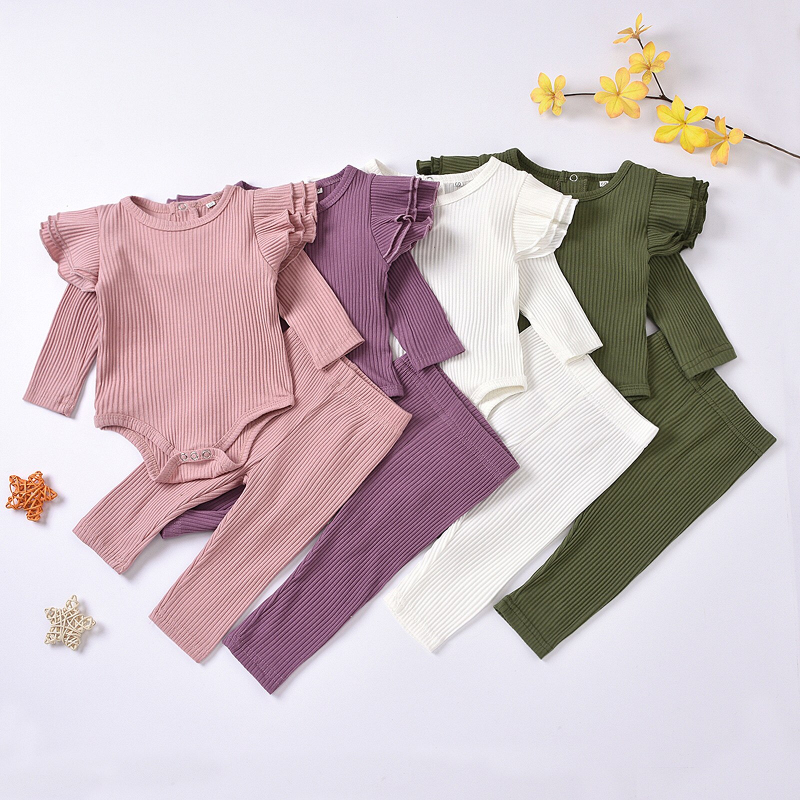 -né solide à volants ensemble de vêtements bébé garçons filles solide tricoté barboteuse hauts + pantalons ensembles tenues infantile enfants doux vêtements costume
