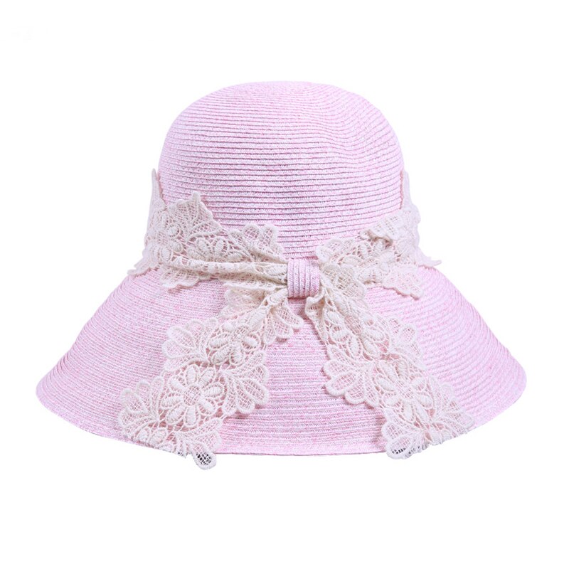 Summer Ladies Summer Straw Hat With Lace Sun Visor Wide Brim Hats For Women SW129002: Pink