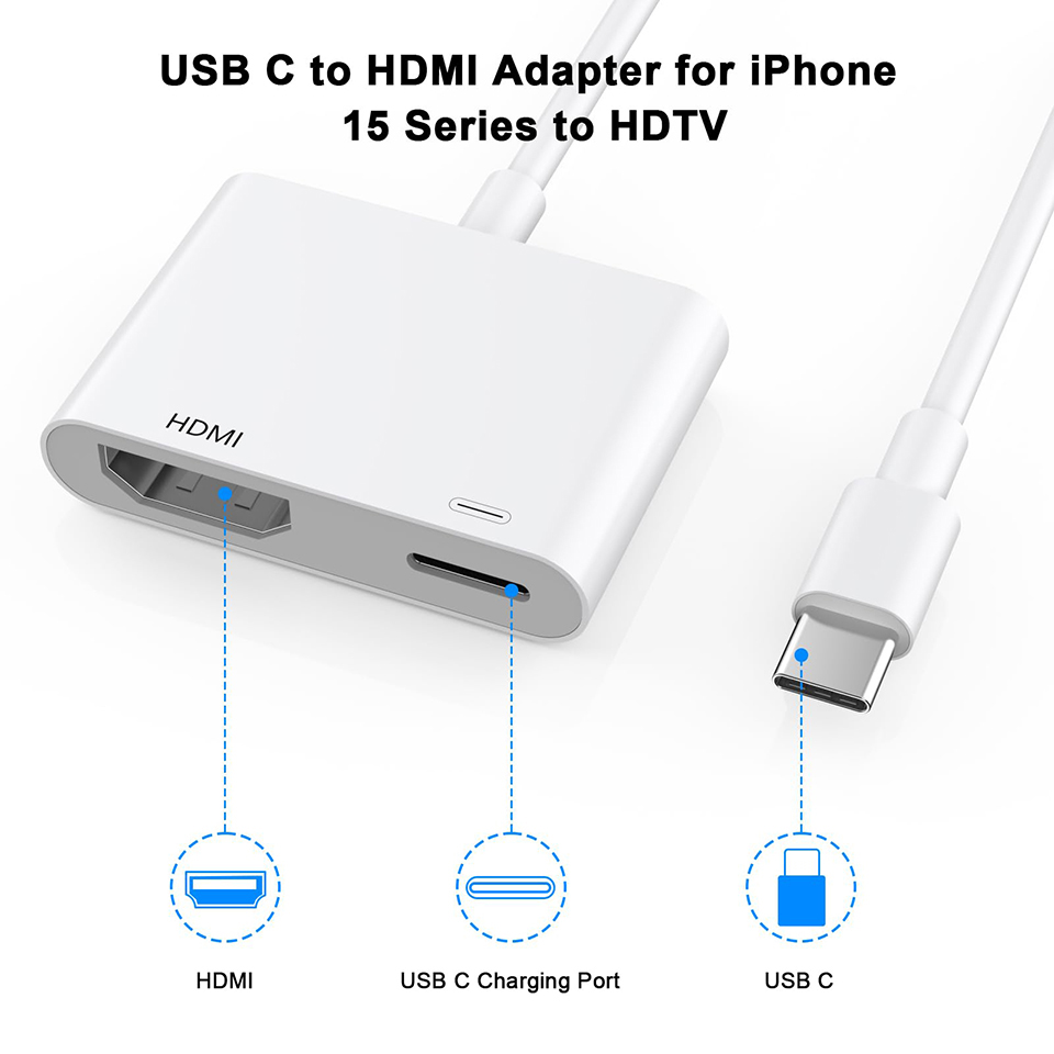 Adapter USB C na HDMI do iPhone'a 15 Pro Typ C Cyfrowy adapter AV Złącze ekranu synchronizacji 4K do iPhone'a do monitora projektora HDTV