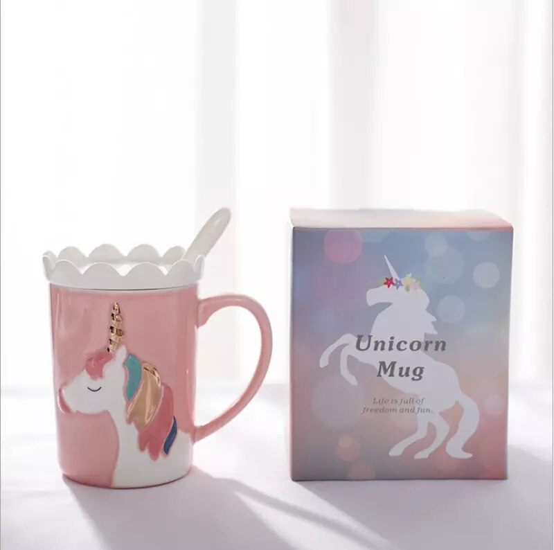 Einhorn Becher Kreative 3D Einhorn Kaffee Tasse mit Löffel und Krone Deckel Trinken Milch Tee Keramik Tassen Weihnachten