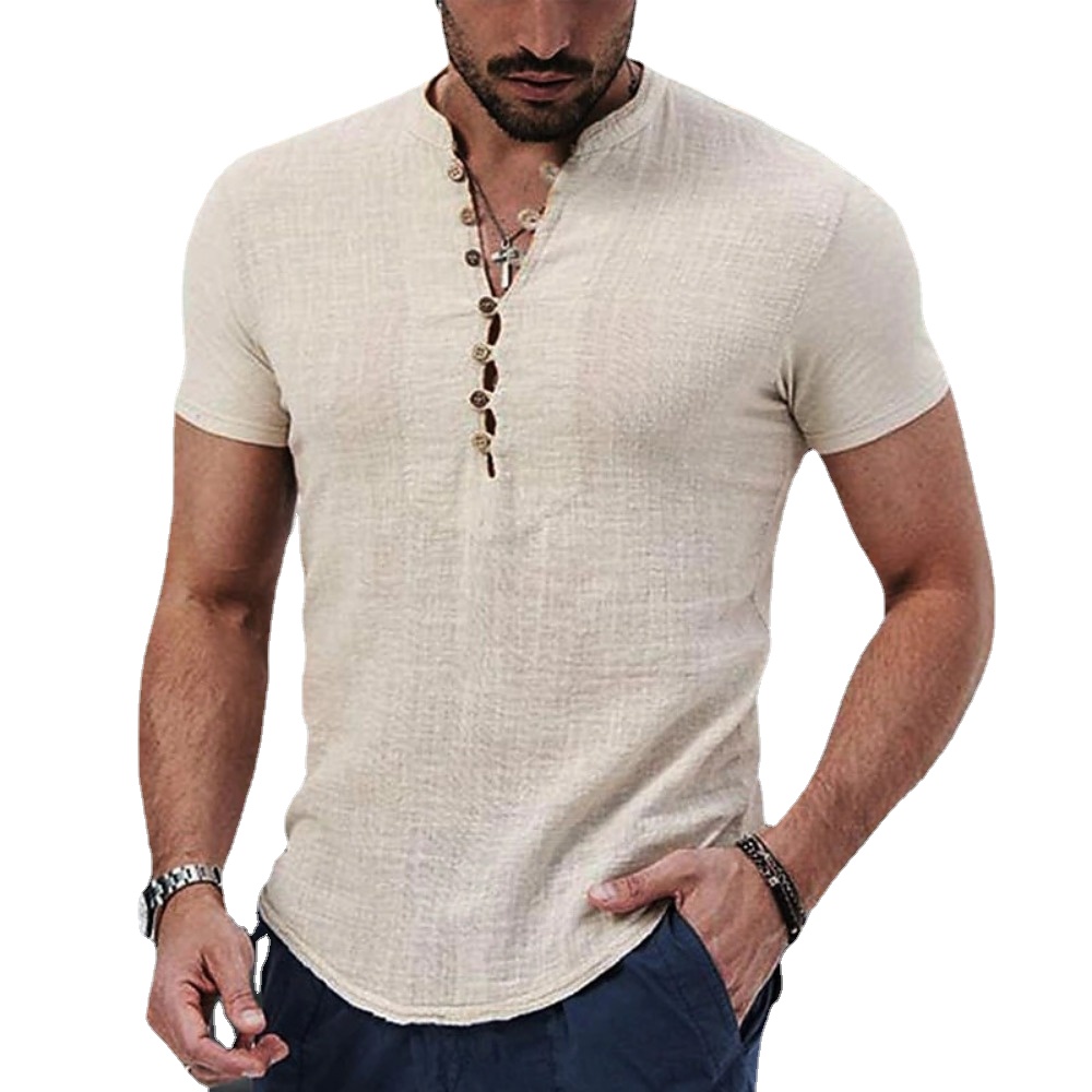 Camiseta de manga corta para hombre, camisa de lino y algodón con botones y cuello en V, ropa informal, Tops populares para hombre 2023