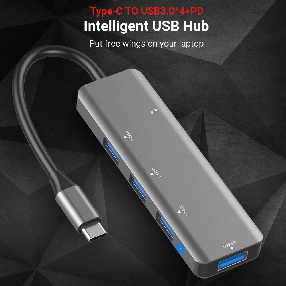 T508 5 in 1 Hub Typ C Zu USB3.0 * 4 + PD Intelligente USB Hub Multi-Hafen Adapter für Laptop Computer Handys Grau