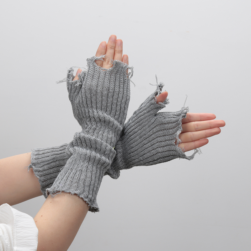 1 par de guantes negros Punk Unisex sin dedos guantes de punto mujeres hombres hasta el codo mitones roto estiramiento guantes calentadores de brazo: Gris