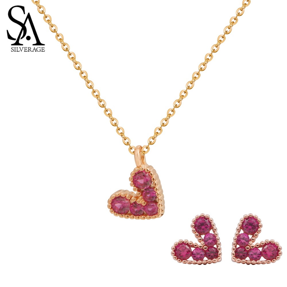 SA SILVERAGE 925 Sterling Silber Herz Schmuck-setzt für Frau 925 Silber Rose Gold Farbe Edelstein Zucht Ohrringe Halsketten einstellen