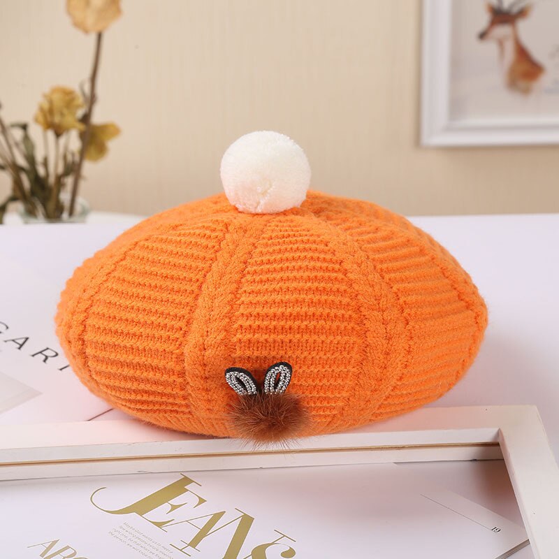 Dames hoeden en petten baret hoed muts dames herfst winter warme muts muts femme bontbal konijn wollen gebreide muts: Oranje