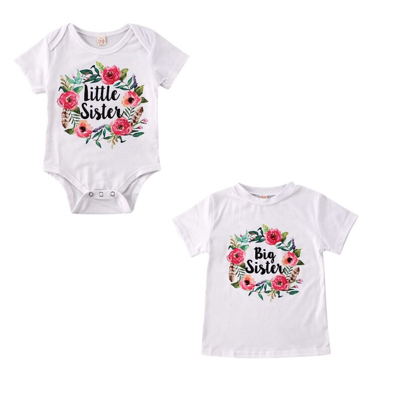 Tamanhos grandes e pequenos, camisetas combinando para bebês meninas de 0 a 7 anos, irmã, carta floral, manga curta, macacão infantil, camiseta, roupas de algodão
