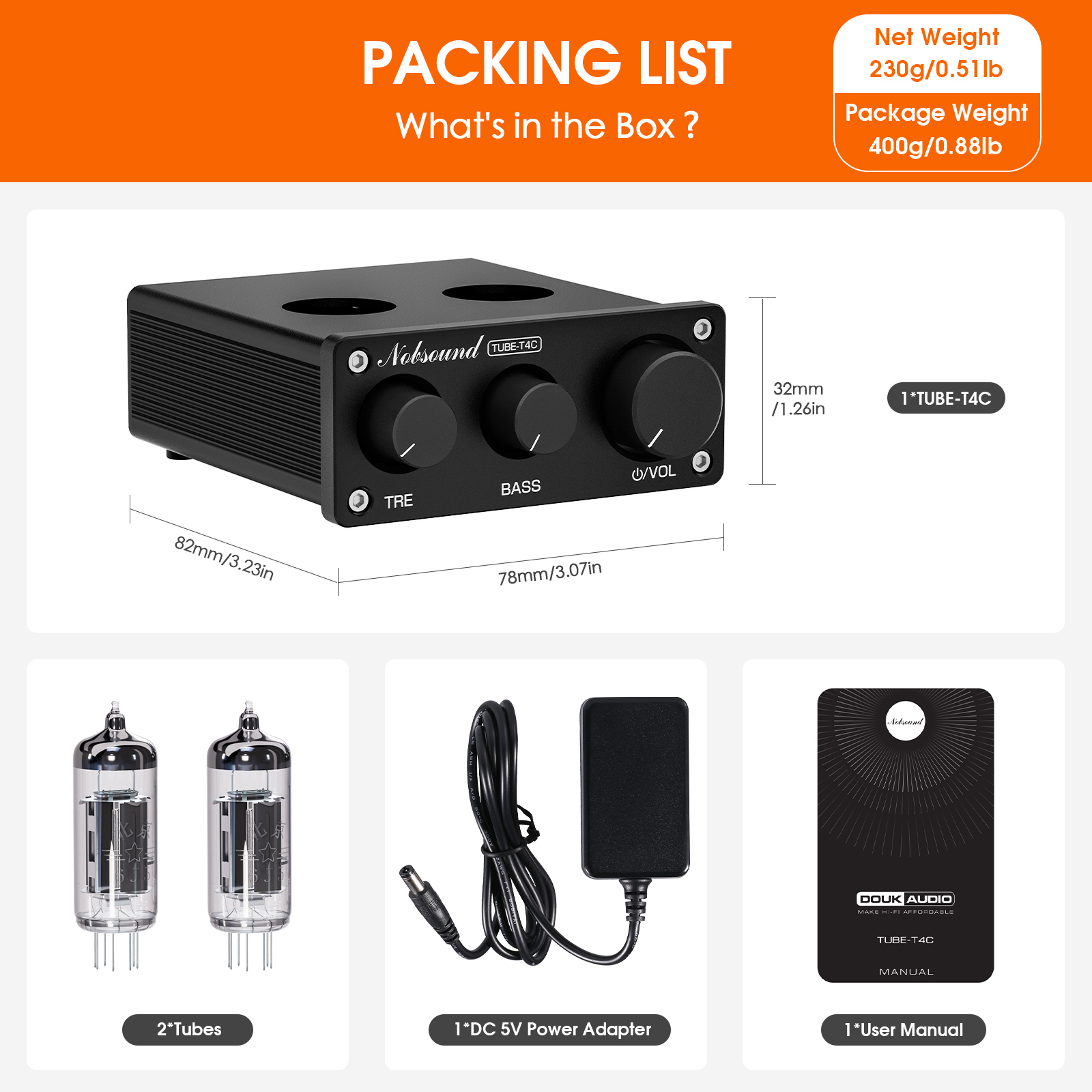 Douk Audio TUBE-T4C HiFi Lampowy Przedwzmacniacz Stereo z Kontrolą Tonów Wysokich i Niskich