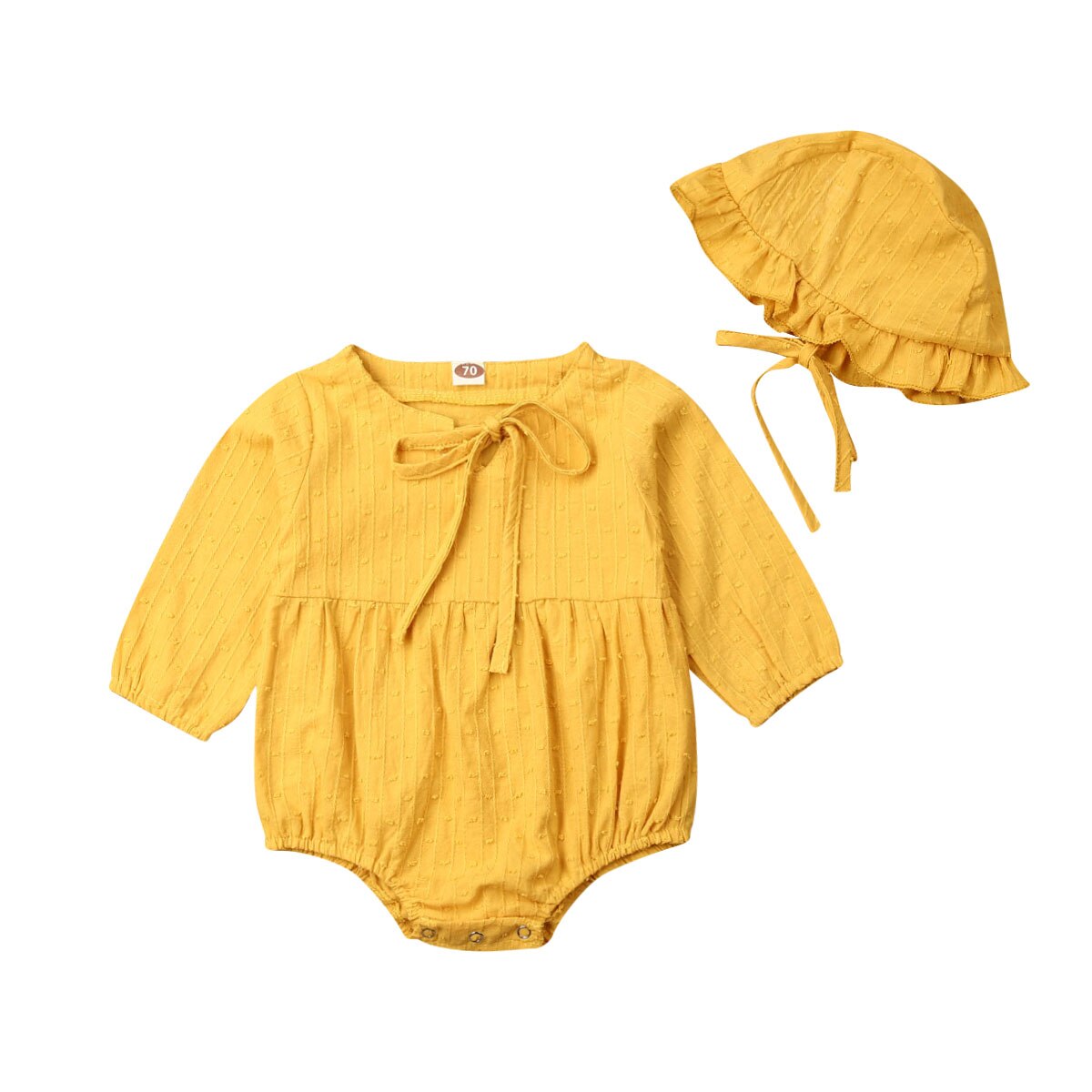 Baby forår efterår tøj nyfødte baby kid pige dreng ribbet prikker bodysuit langærmet jumpsuits hat outfits tøj sæt: Gul / 6m