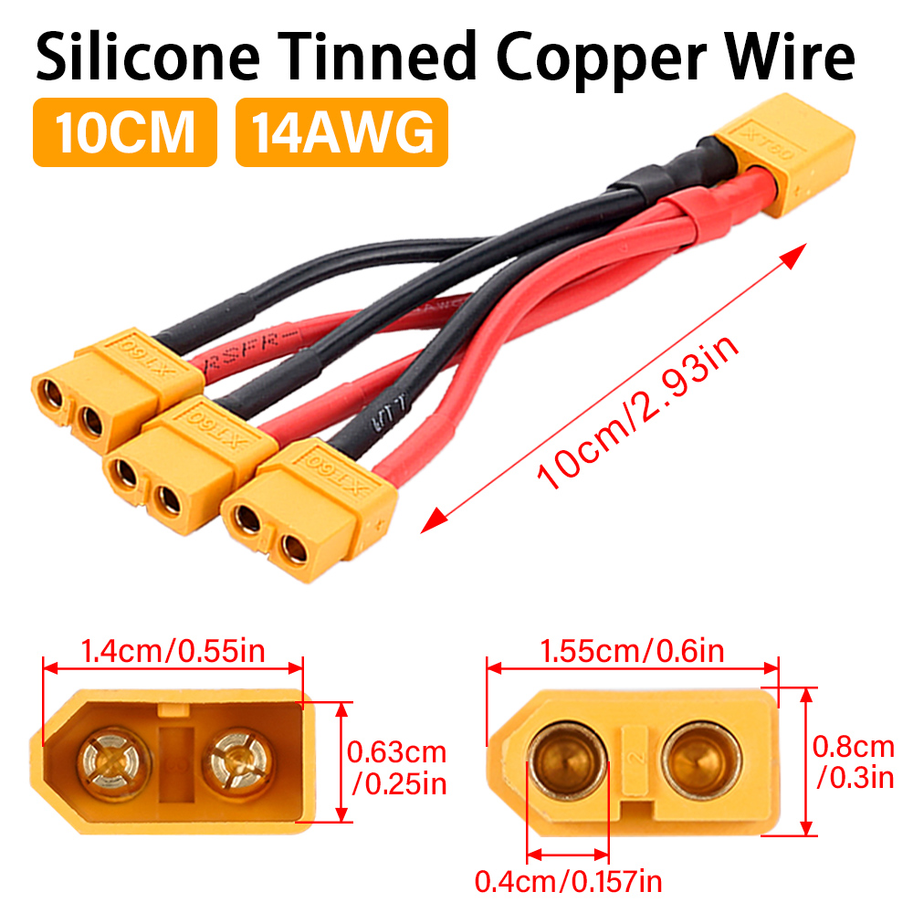 XT60 Male/Female Cable Parallel Battery Connector 3-Way 14AWG Silicone Wire Dual Extension Y Splitter for Battery Charger Motor