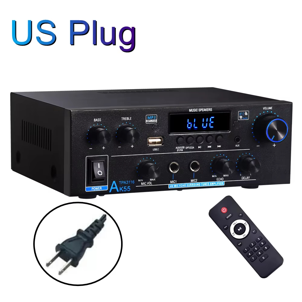 Woopker AK55 Bluetooth Amplifier HIFI Digital Sound Amp Channel 2.0 for Home Car Karaoke 110V/220V MAX 450W+450W Subwoofer: Khaki