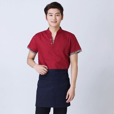 Western Restaurant Work Uniform Coffee House Waiter Short Sleeve Workwear Beer Bar Waitress Clothing Cheap Uniform And Apron Set: men red / L