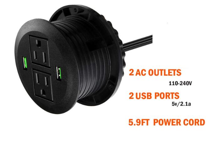 3 inch Desk Power Grommet, USB Grommet with Green Port, Desk Hole Round Grommet Outlets with 2 AC Outlets and 2 USB Ports 6.5FT