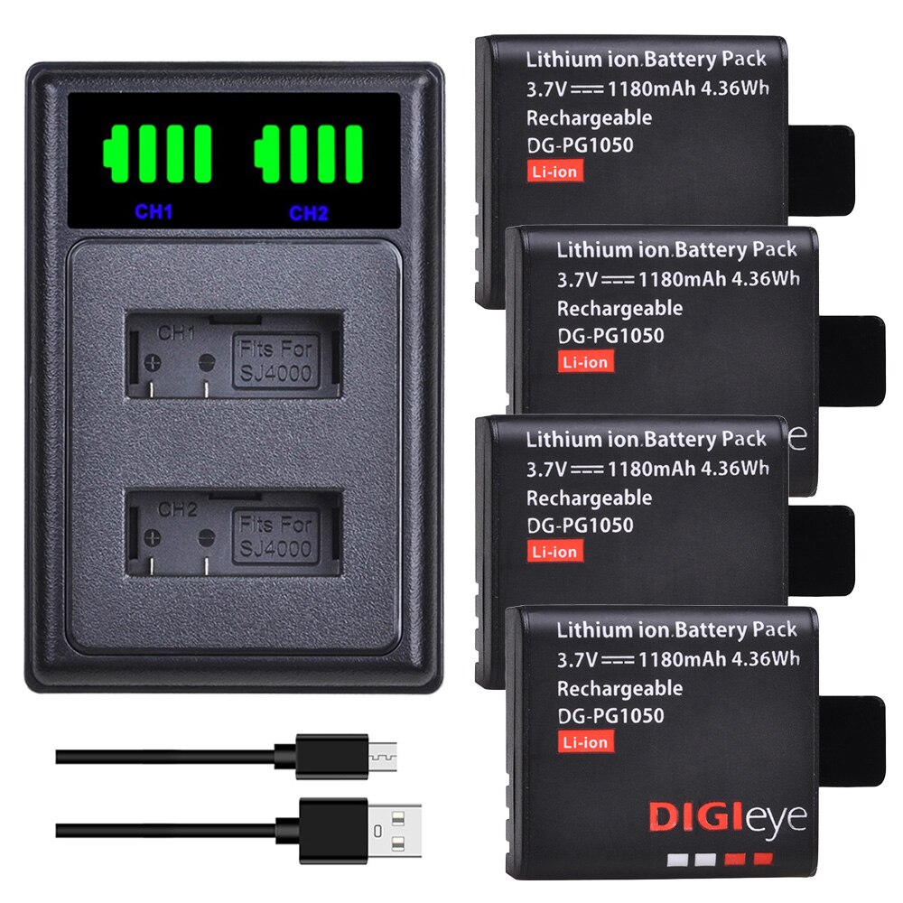 Batterie 1180mAh PG1050 + chargeur LED double USB, pour SJCAM SJ4000 SJ5000 SJ5000X pour EKEN H9 H9R H8R H8 GIT PG900 AKASO EK7000