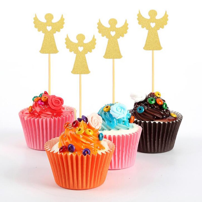 24 Stks/set Glitter Gouden Kruis Angel Shaped Cake Topper Papier Cupcake Toppers Picks Pasen Baby Shower Party Cake Decorations