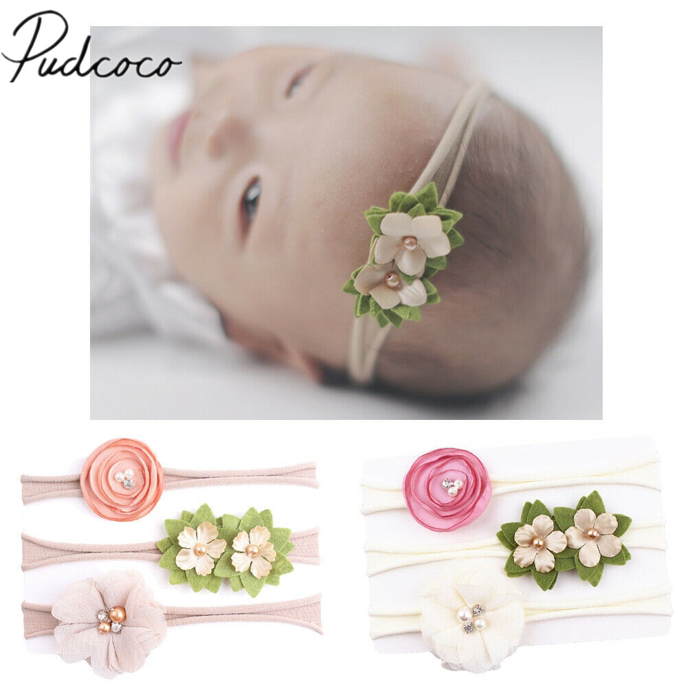 Tilbehør hovedbeklædning pige barn baby hæklet elastisk pandebånd hårbånd spædbørn småbørn rose blomst hårbånd 3 stk/sæt