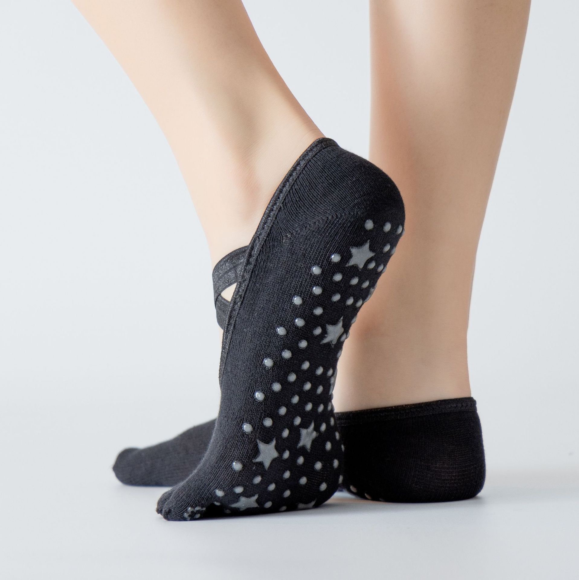 Lace Up Vijf Tenen Yoga Sokken Antislip Star Lijm Dot Grensoverschrijdende Pilates Sokken Vrouwen Katoen Ademende Sokken: black
